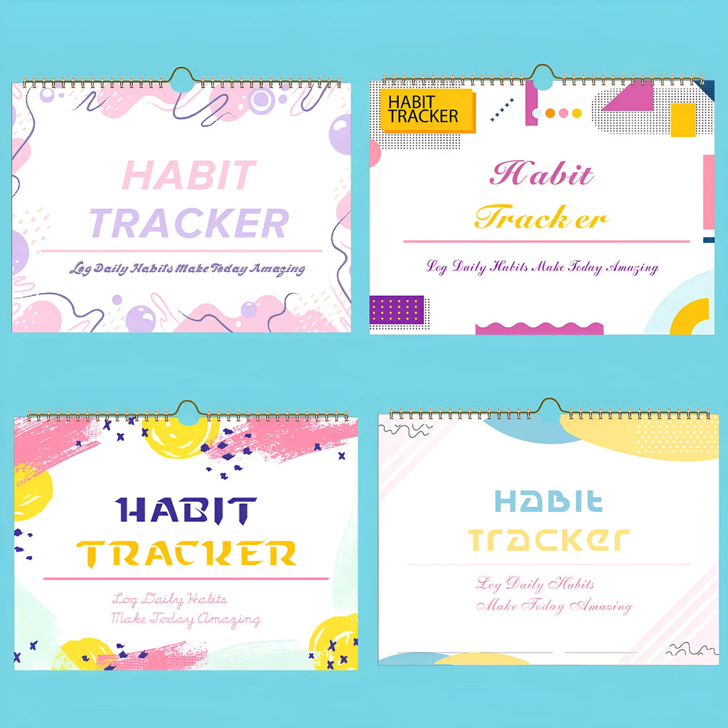 A5 habit tracking notebook in open position showing internal pages, with a choice of pink, purple, floral, or yellow and white covers.