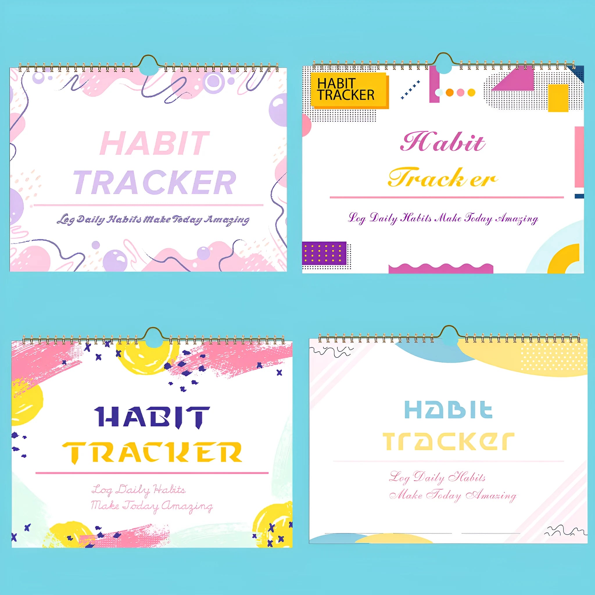 A5 habit tracking notebook in open position showing internal pages, with a choice of pink, purple, floral, or yellow and white covers.