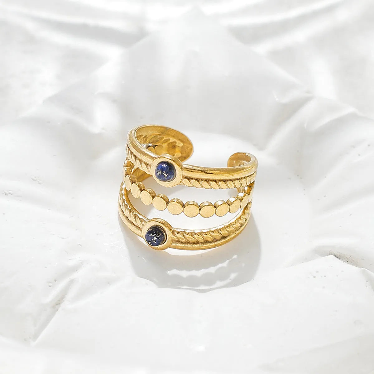Natural stone multi-layer adjustable stainless steel ring with gold plating, geometric shape, and twist design in pink colour