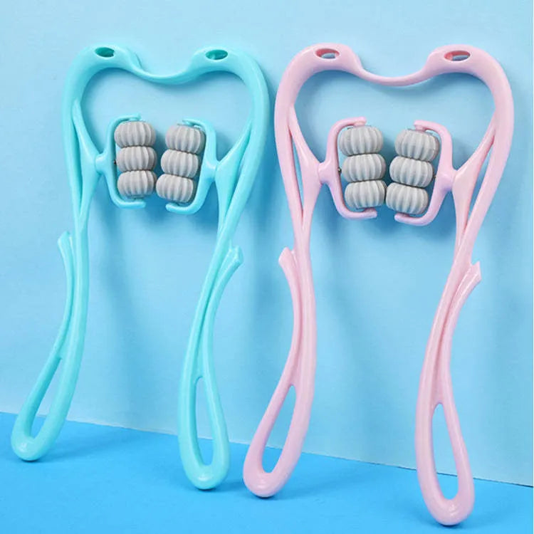 Blue manual swan-shaped neck massager with six rolling wheels and a natural crystal jade scraping board on a white background.