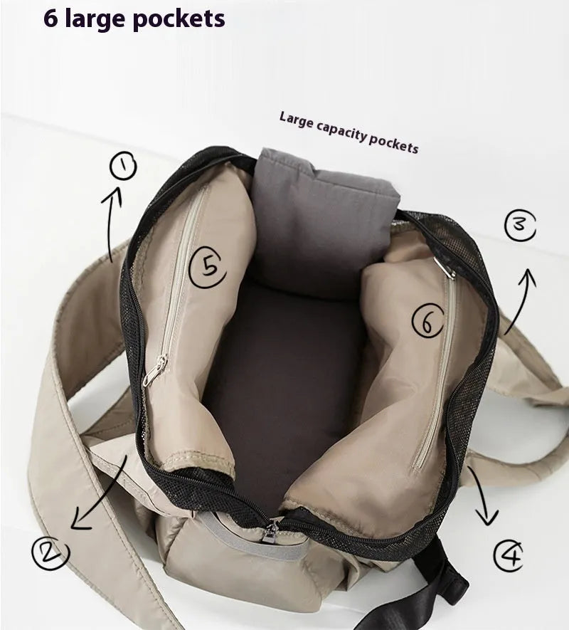 Apricot cloth pet carrier handbag showing dimensions and breathable construction