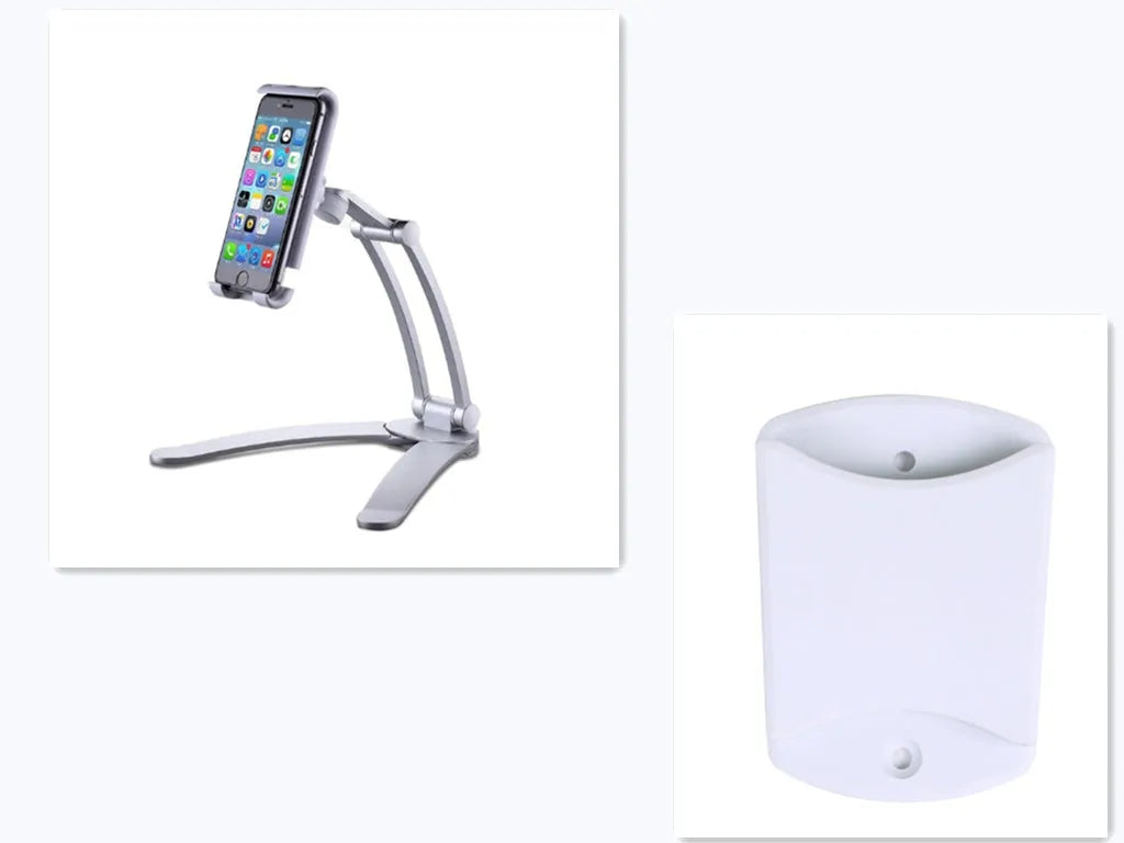 Silver aluminium alloy desktop tablet stand holding a tablet, showing 360-degree adjustable arm and mounting base.