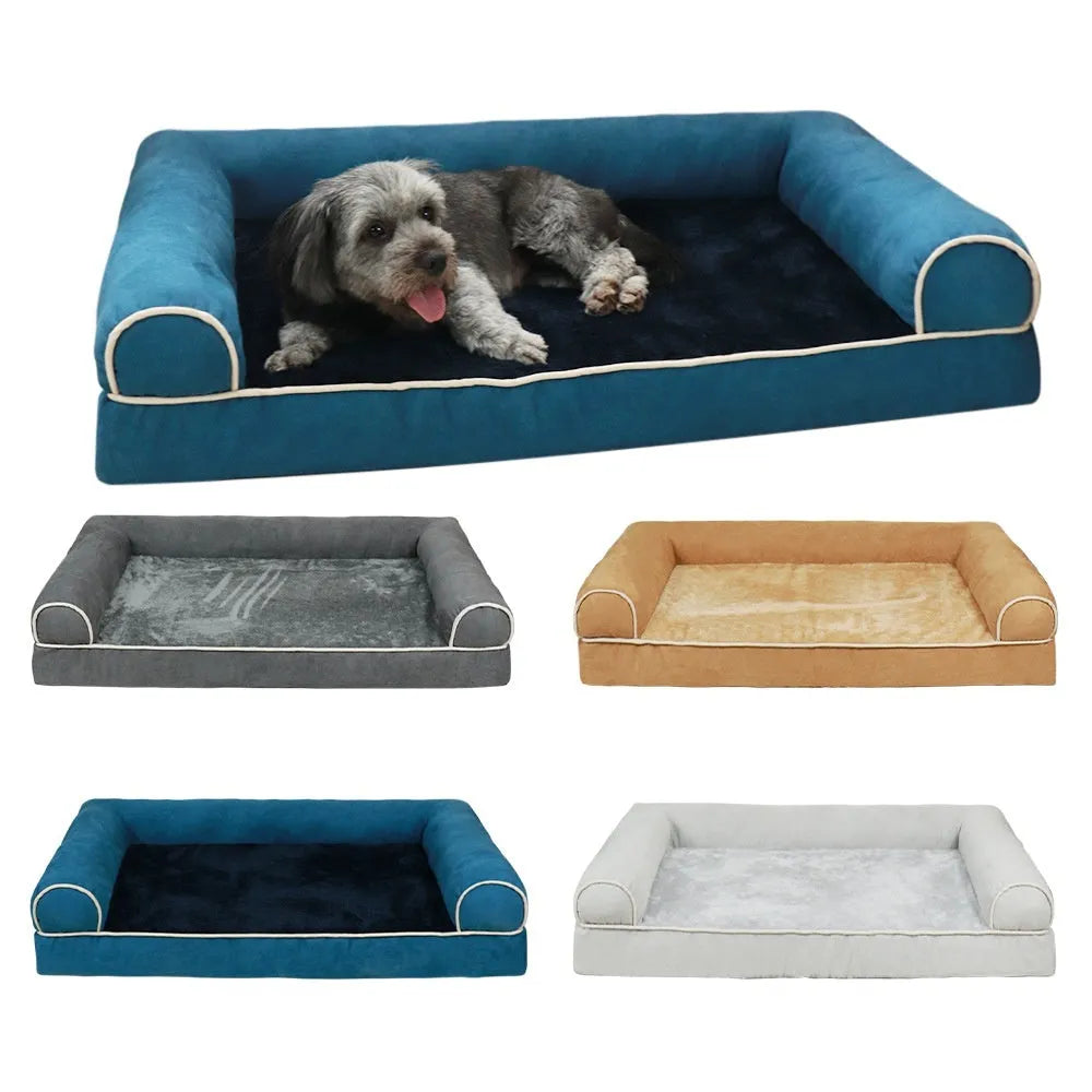 Square blue cloth dog bed with breathable sponge centre, shown in a home setting.