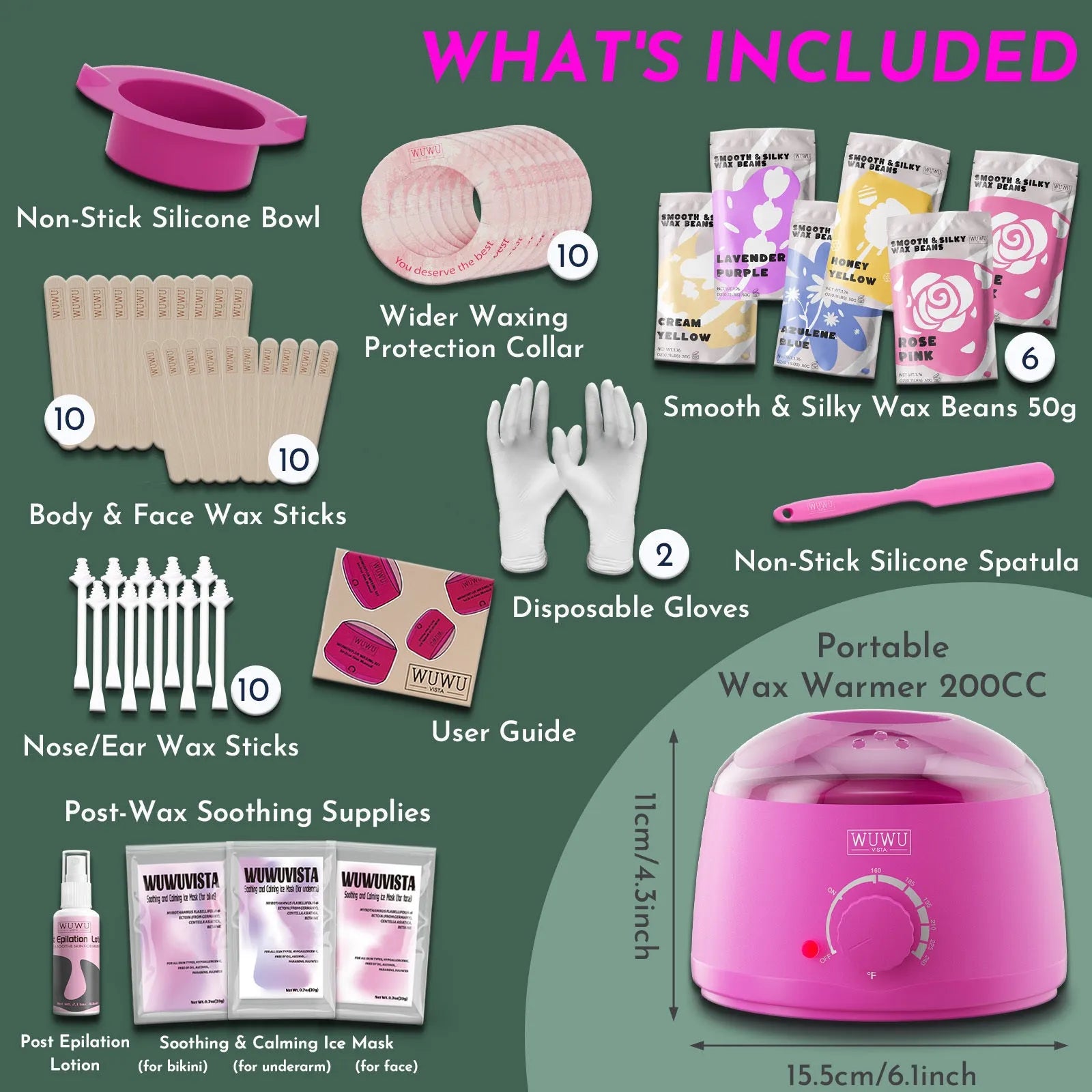 WUWUVISTA professional waxing kit with smart warmer, wax beads, applicators and aftercare products