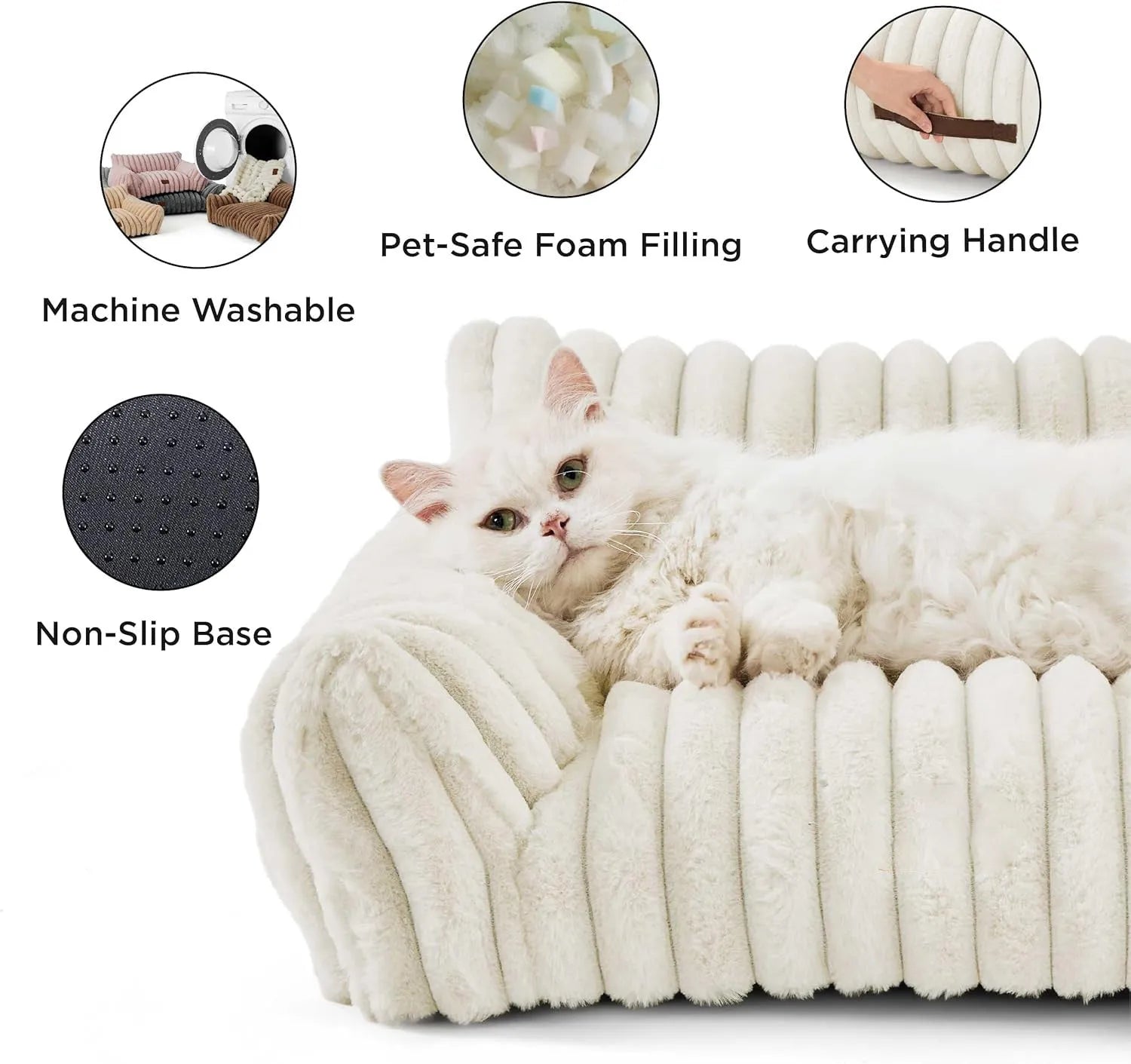Supportive cat couch bed with three-sided design and soft corduroy fleece fabric in beige colour