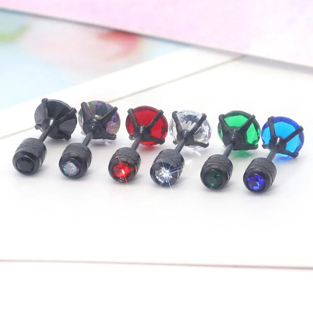 Geometric stainless steel zircon earrings in multiple sizes and colours with diamond treatment on a white background.