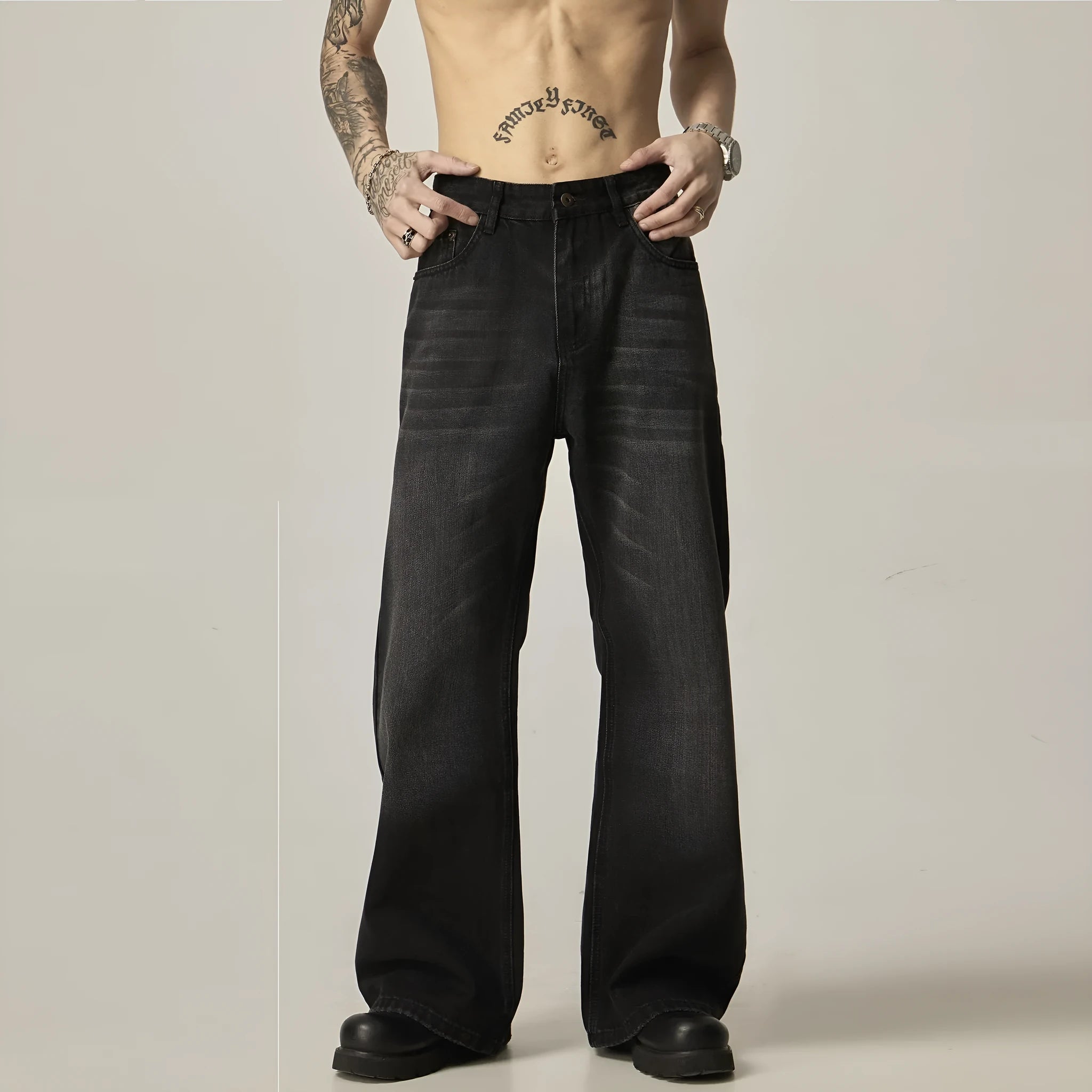 Black loose straight leg jeans with American retro styling and zipper fly