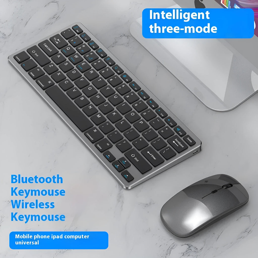 Ultra-thin wireless keyboard and mouse combo set in black, gun colour, or silver finish with rechargeable batteries