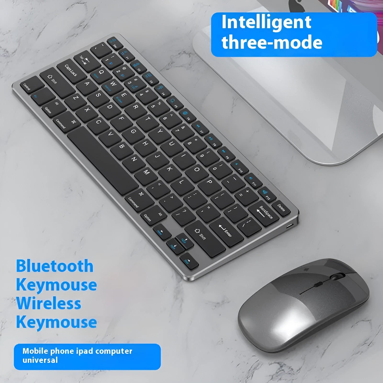 Ultra-thin wireless keyboard and mouse combo set in black, gun colour, or silver finish with rechargeable batteries