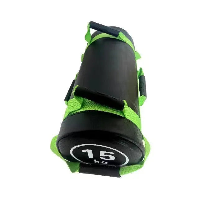 Flat white PVC fitness sandbag for weight lifting and strength training, shown with weight options.