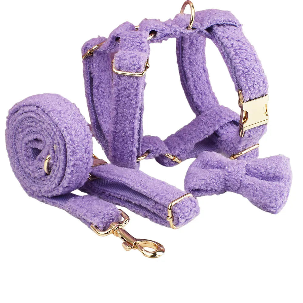 Purple four-piece dog accessory set showing cloth collar, leash, bow, and vest for small dogs