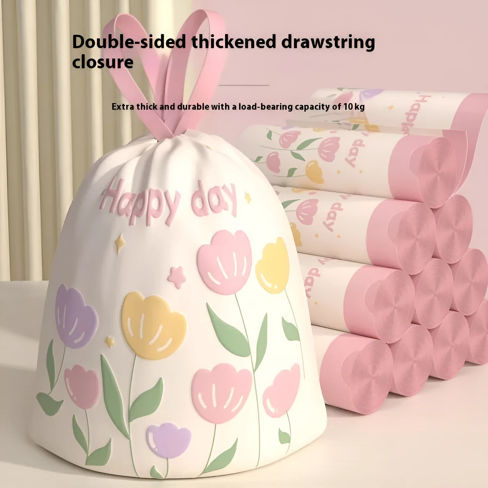 Pink degradable drawstring garbage bags with argy wormwood for mosquito repellent, size 44cm by 48cm.