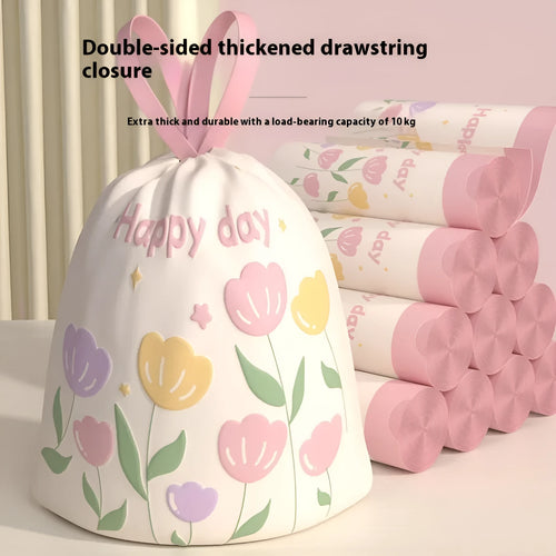 Pink degradable drawstring garbage bags with argy wormwood for mosquito repellent, size 44cm by 48cm.