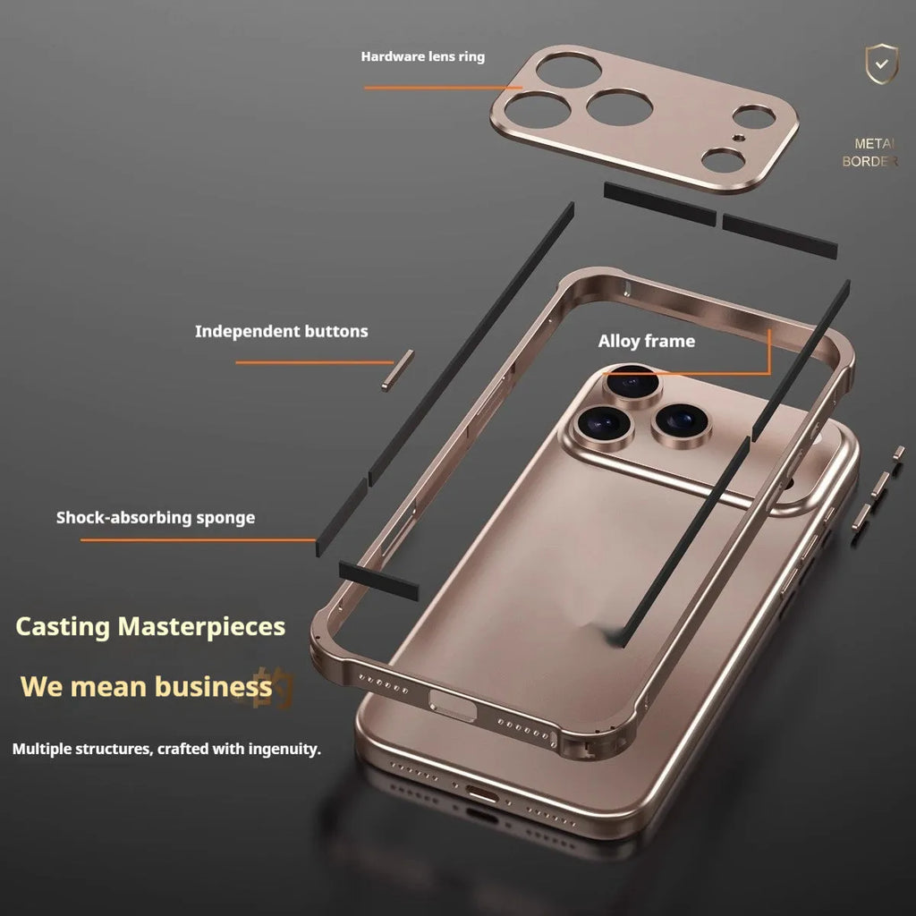 Alloy metal frame mobile phone case for iPhone 17 with seahorse buckle in a selection of five colours.