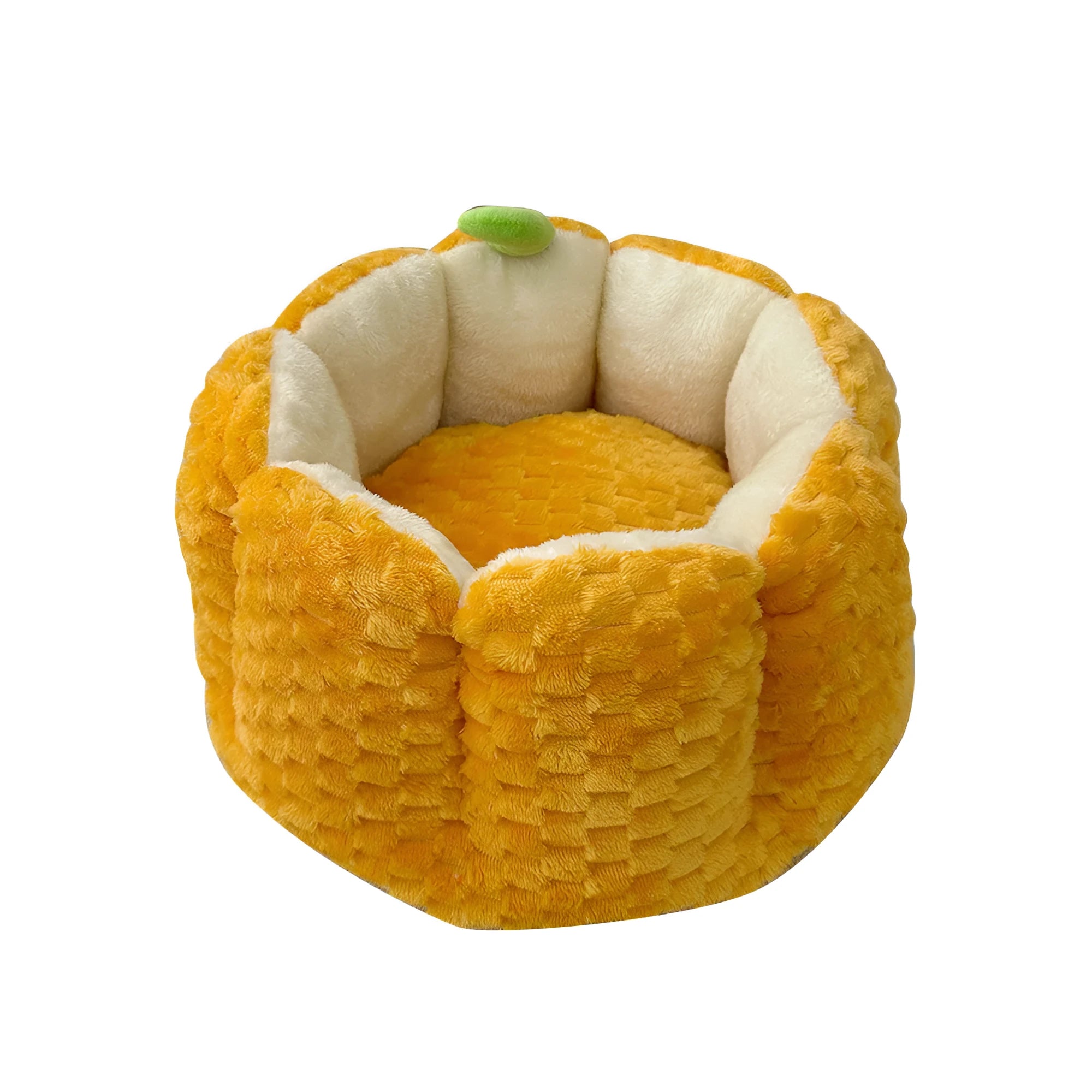 Pumpkin-shaped pet bed with raised sides and cotton filling for cats and small dogs