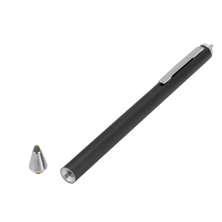 A metal fine-tip capacitive stylus pen for touchscreen phones, tablets, and computers.