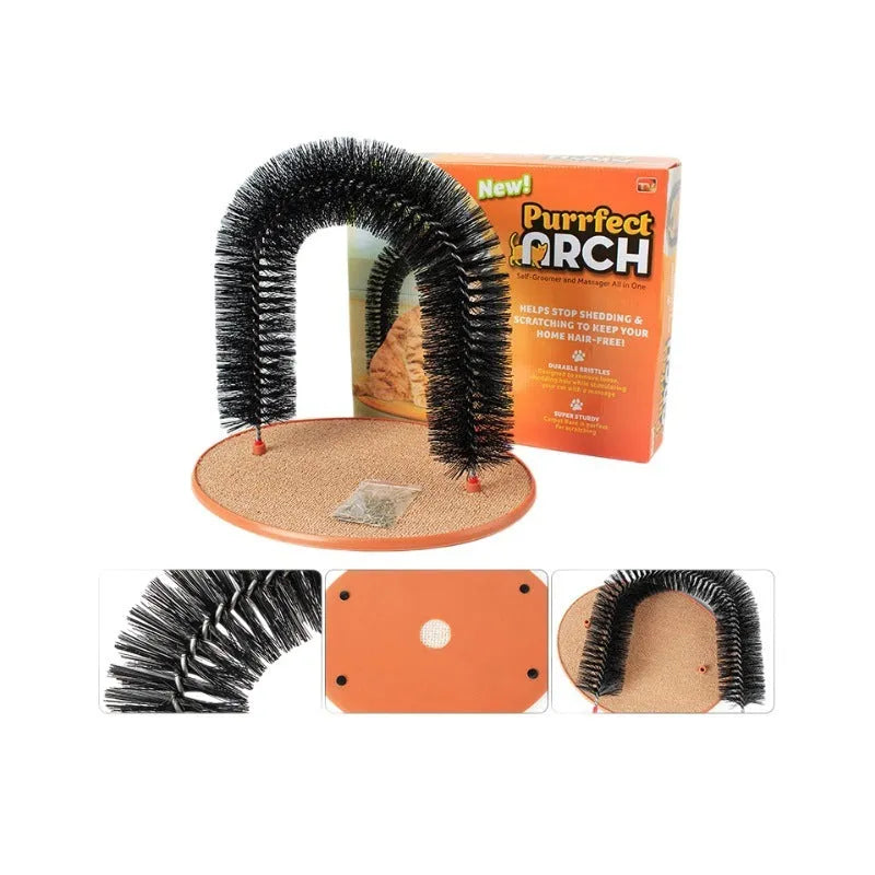 White plastic arched cat grooming toy with a built-in brush for scratching and rubbing.
