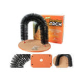 White plastic arched cat grooming toy with a built-in brush for scratching and rubbing.