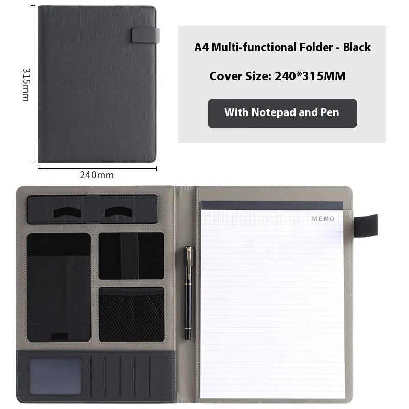 Black leather A4 multifunction folder for documents with optional pen and notepad.