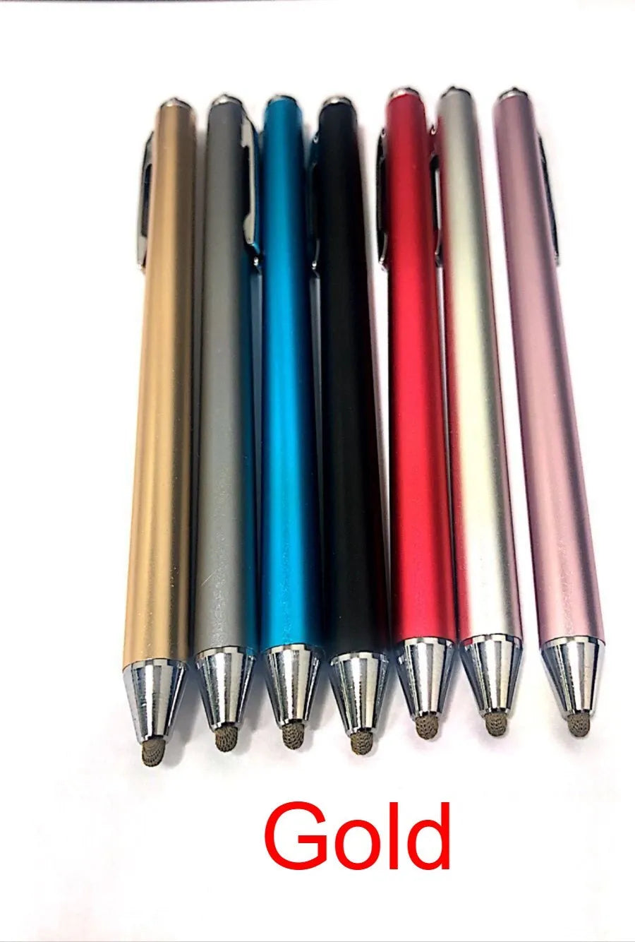 Fine tip metal stylus pen for touch screen phones and tablets, shown in multiple colours.