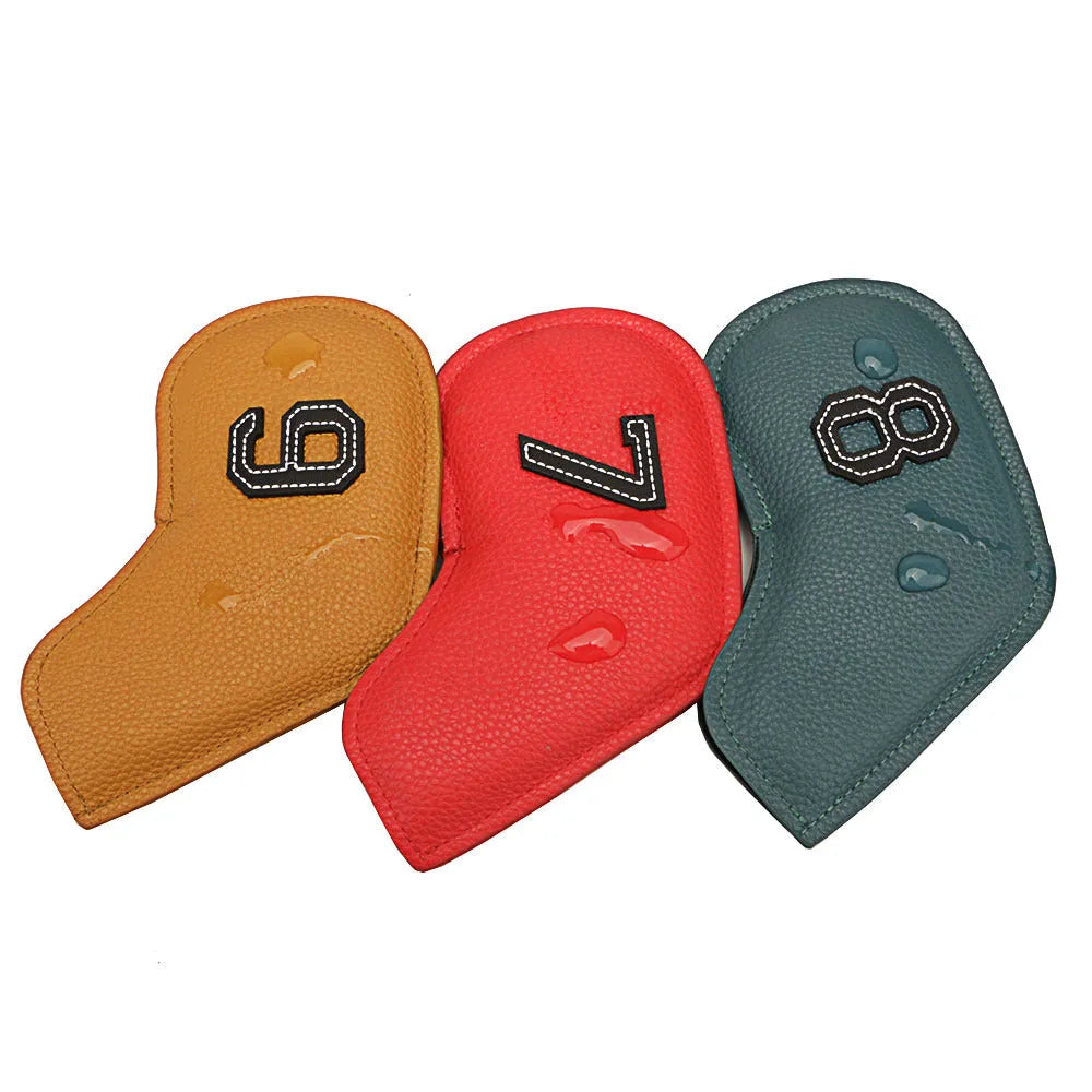 Set of 10 minimally digital printed PU golf club headcovers with a sporty outdoor storage bag.