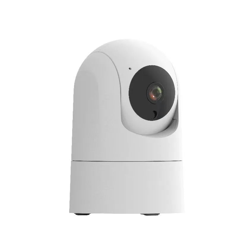 White indoor security camera with shake head function on a desk, showing UK plug.