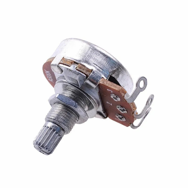 A single metal control knob for an electric guitar potentiometer.