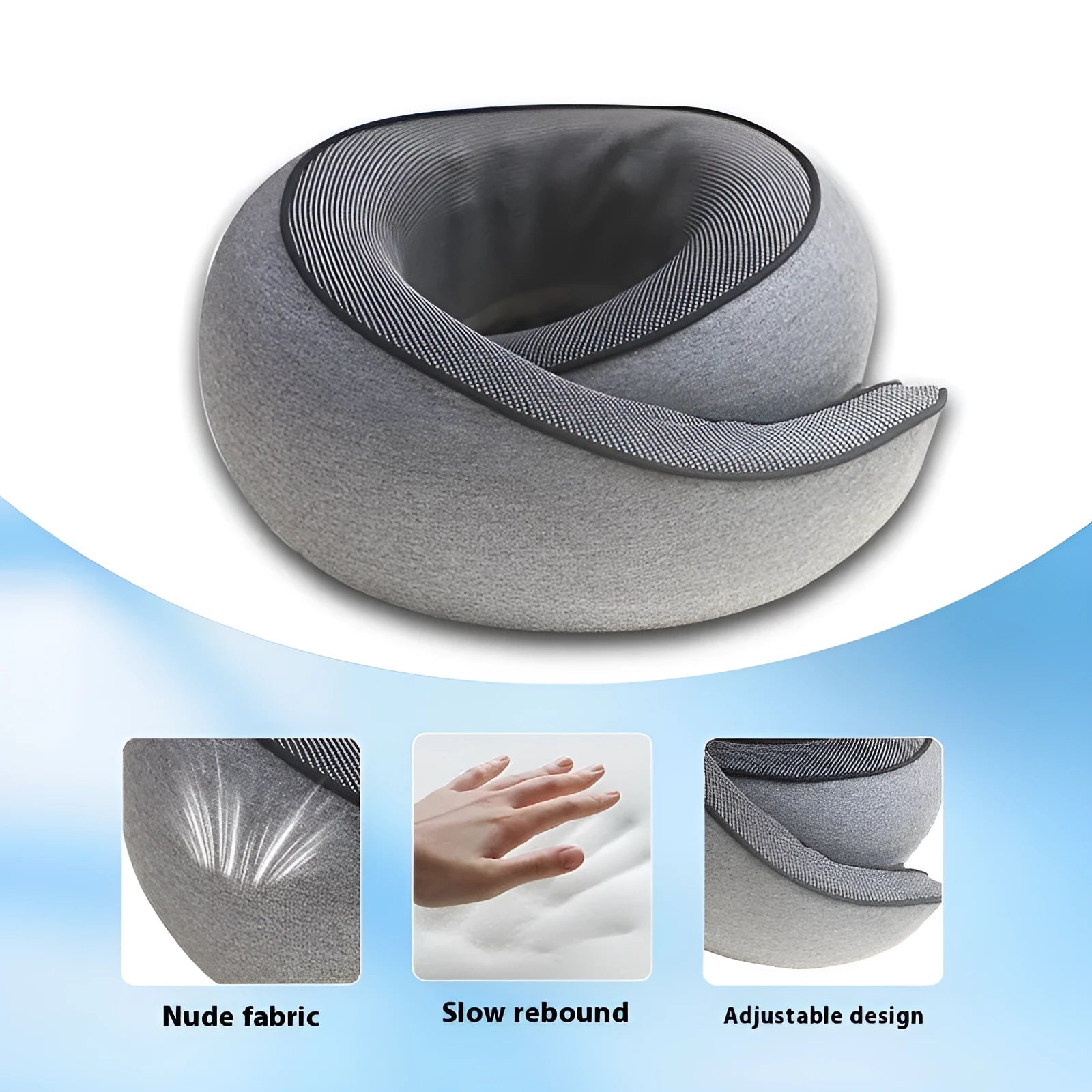 U-shaped memory foam travel neck pillow with storage bag in light grey colour