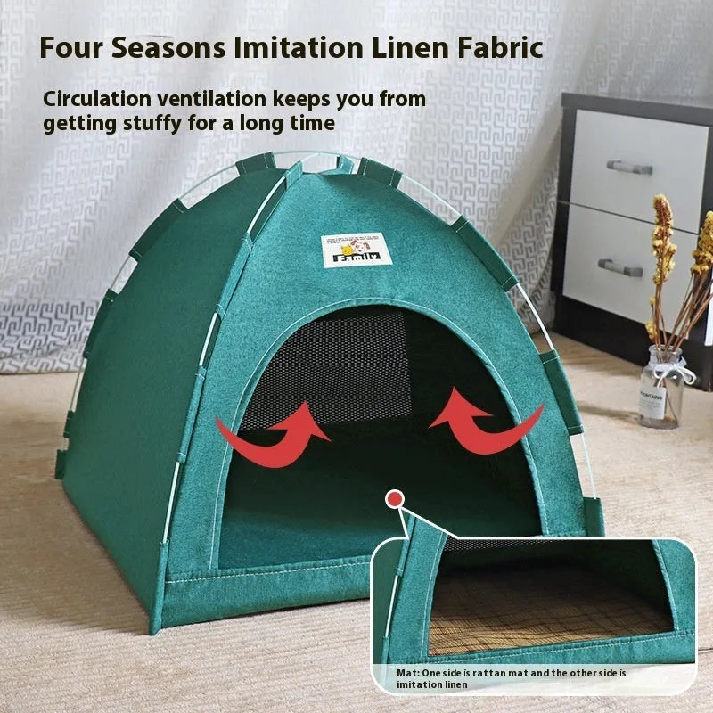 Grey tent-style pet bed for small dogs and cats with a removable washable cover.