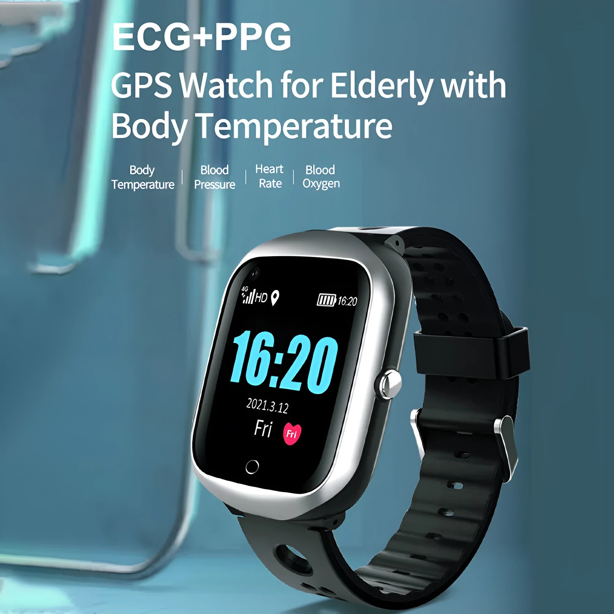 Square smart watch for elderly with GPS tracking, SOS button, and heart rate monitoring on silicone strap