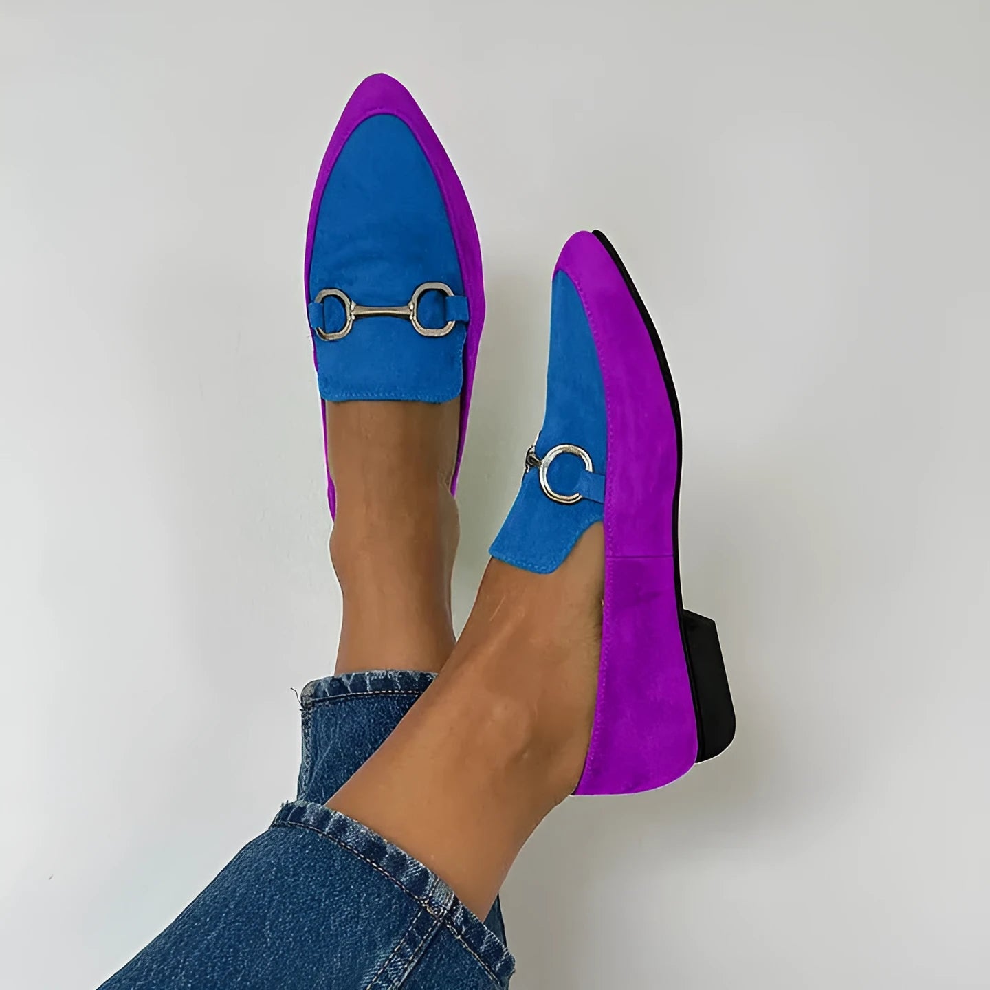 Women's casual flat suede pointed toe buckle shoes in purple, low top with rubber sole, flat heel, shallow mouth cut