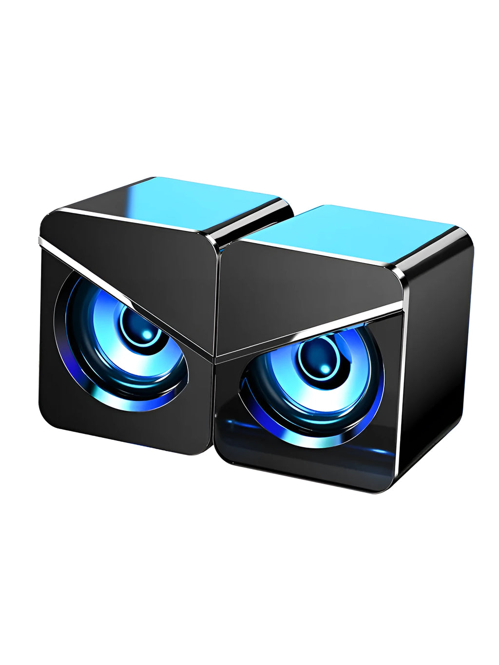 Black and white USB wired desktop computer speakers with volume knob on compact plastic housing.