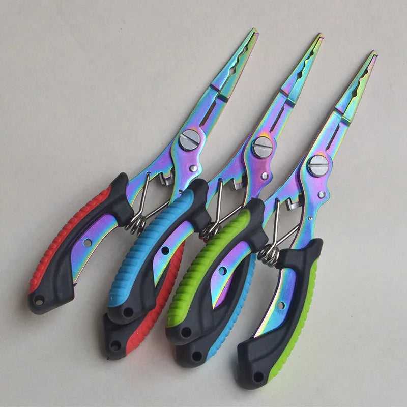 PE39 stainless steel multifunctional fishing pliers with straight mouth, hook, and blue plastic handles.