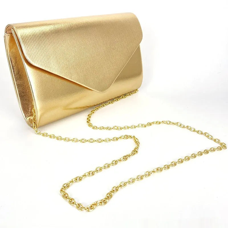 Women's shiny PU large capacity clutch bag in Champagne, horizontal square shape with sandwich pocket