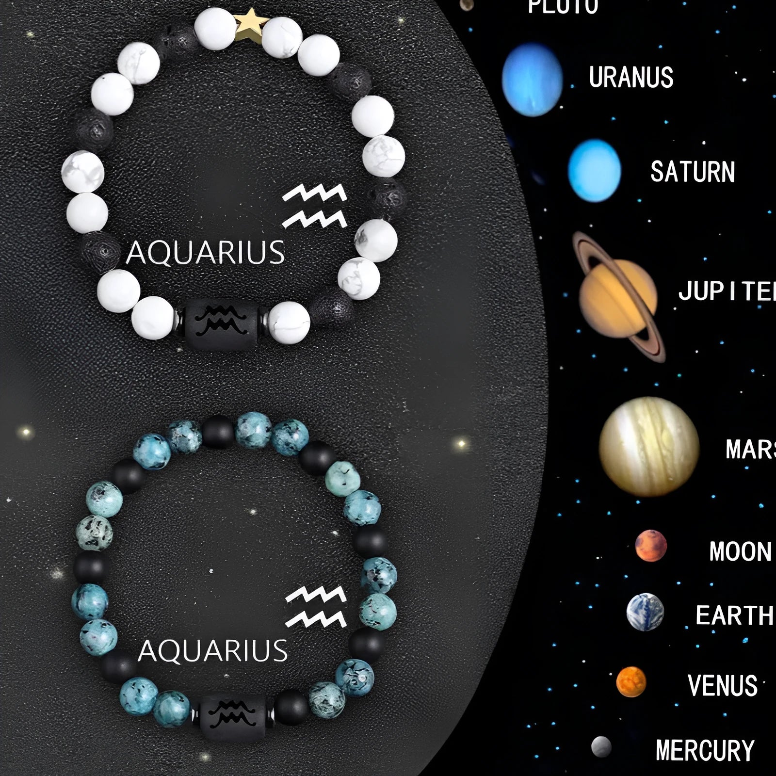 Set of two natural stone beaded bracelets featuring zodiac sign charms on an adjustable cord.