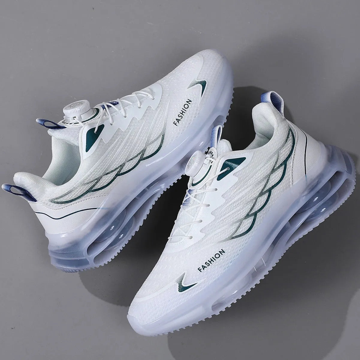 White rotating button casual shoes with mesh upper and rubber sole