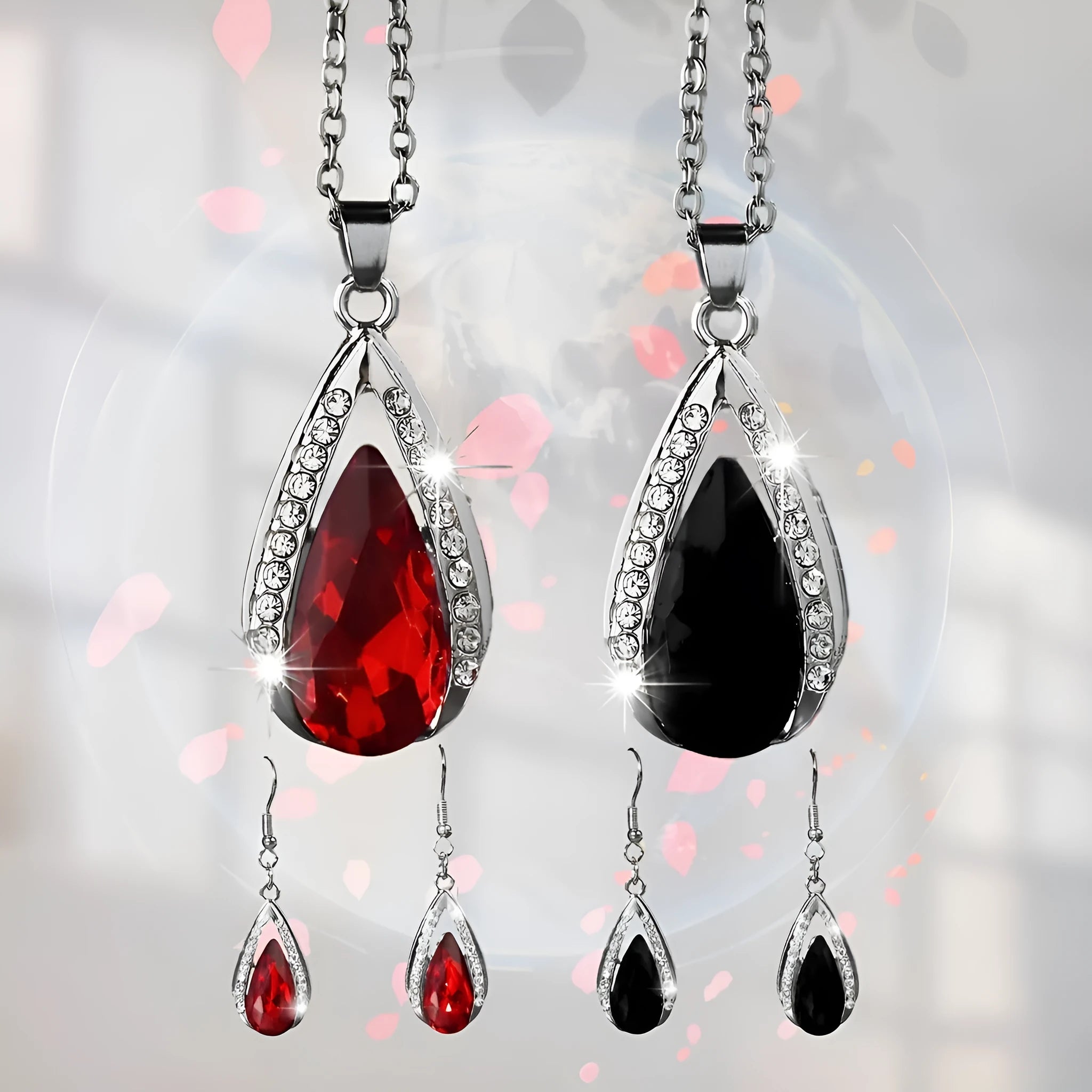 Black and red teardrop pendant necklace and matching alloy earrings set.
