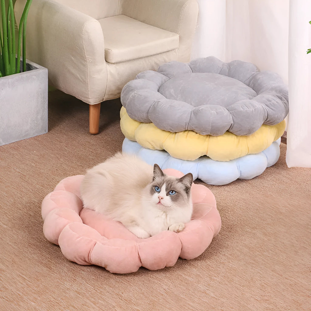 Blue half-surround pet bed with soft plush for small dog or cat