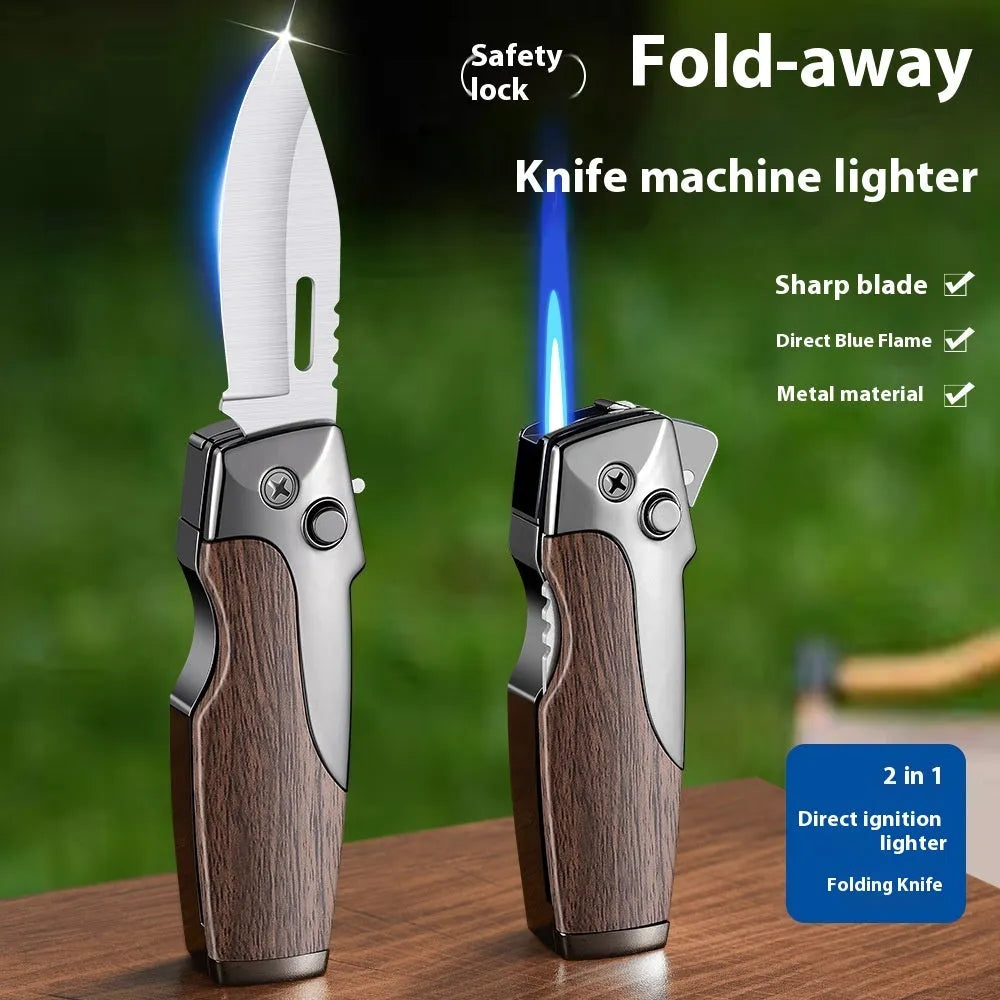 Metal folding lighter showing folded position and unfolded straight jet flame