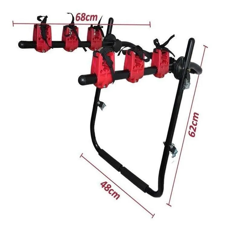 Black and red trunk mounted car bike holder rack with iron frame and sponge padding.