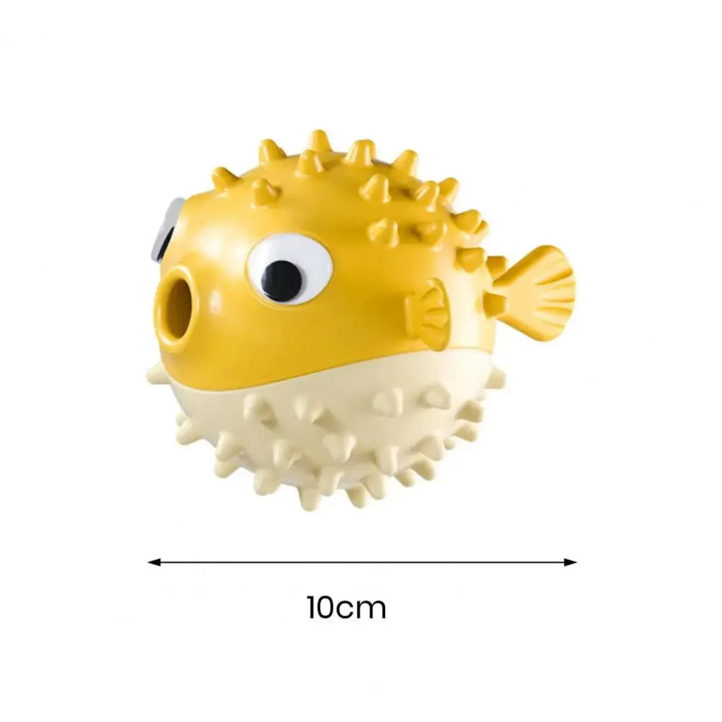 Yellow durable fish-shaped dog chew toy with textured surface for aggressive chewers.