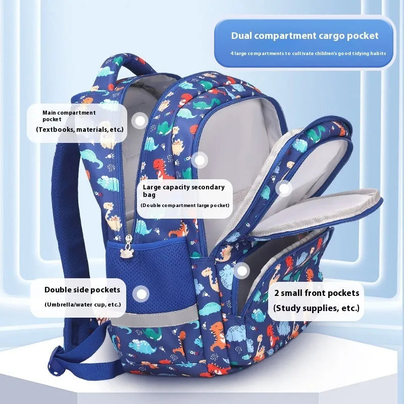 Blue dinosaur pattern children's waterproof school backpack with curved straps on a white background.
