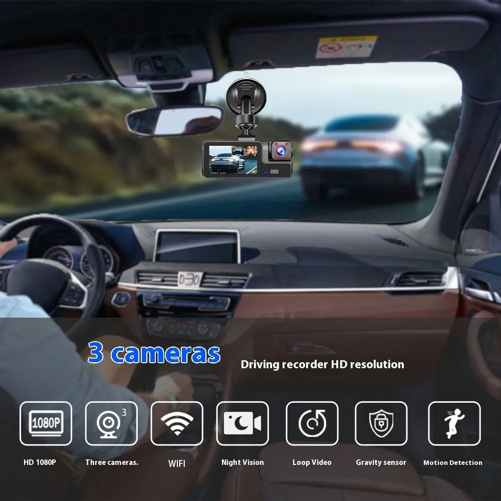 WiFi car driving recorder with 2-inch screen on a dashboard, showing front and rear camera views.