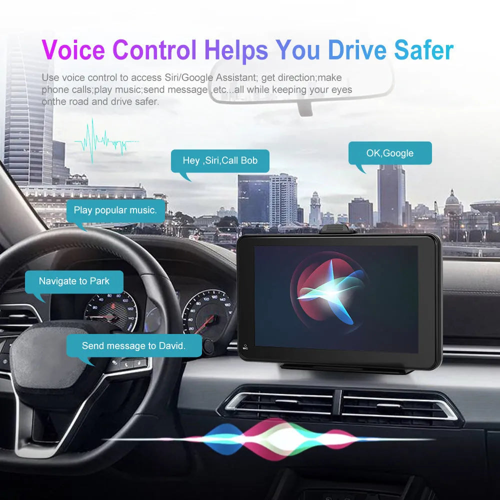 7-inch HD wired band video player with universal support mounts and cigarette lighter plug for car use.