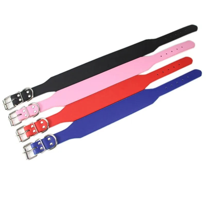 Large dog leather collar with fish-shaped buckle in assorted colours on a white background.