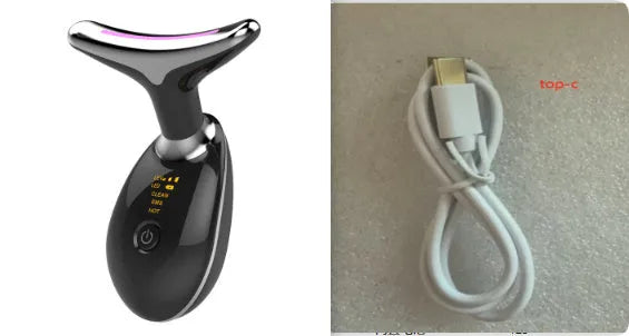 Black and silver EMS thermal neck massager with LED lights for wrinkle reduction and skin tightening
