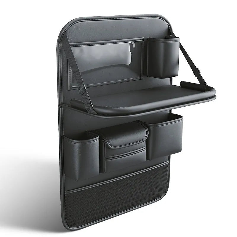 Leather car seat storage bag in black with handle and foldable dining table