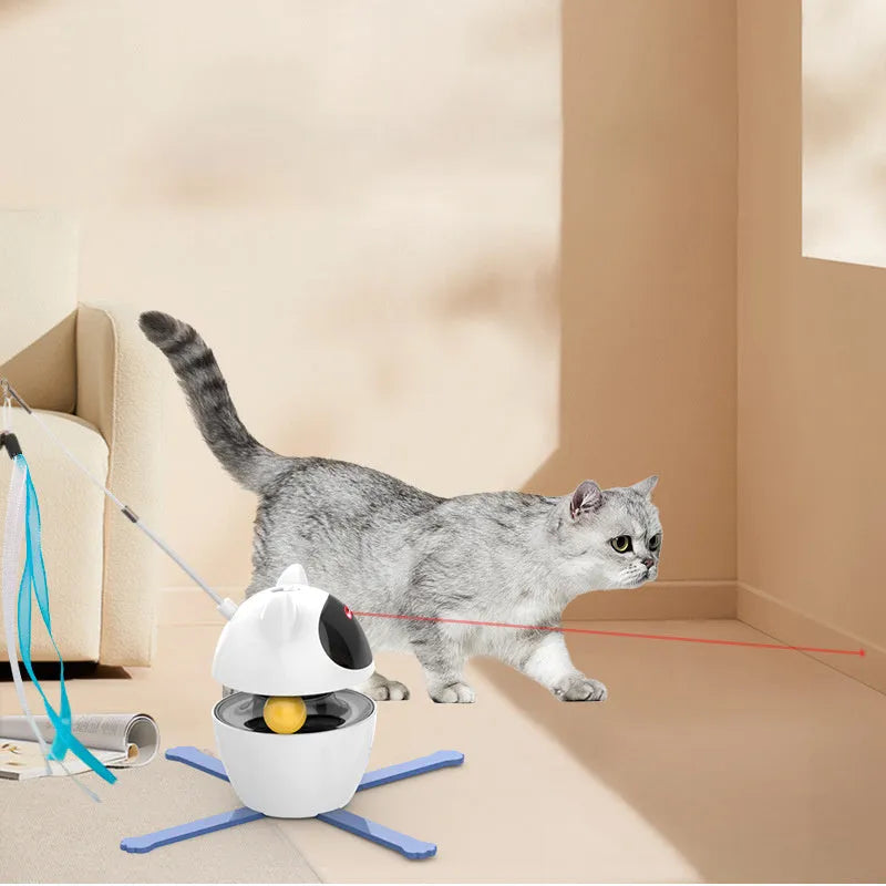 White automatic electronic cat toy with elastic rope and funny stick attachment for indoor feline play