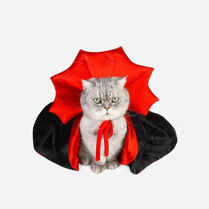 Vampire cloak Halloween costume for a small dog or cat showing sizes S, M, L with back length measurements.
