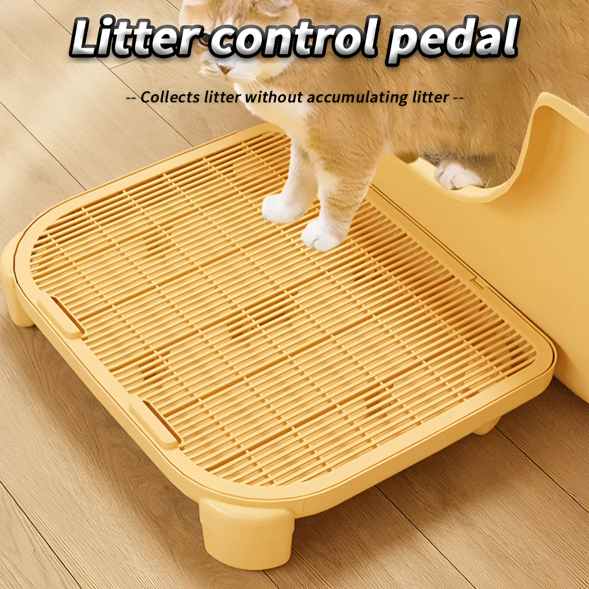 Milk yellow double-layer cat litter mat with anti-slip silicone feet on a floor